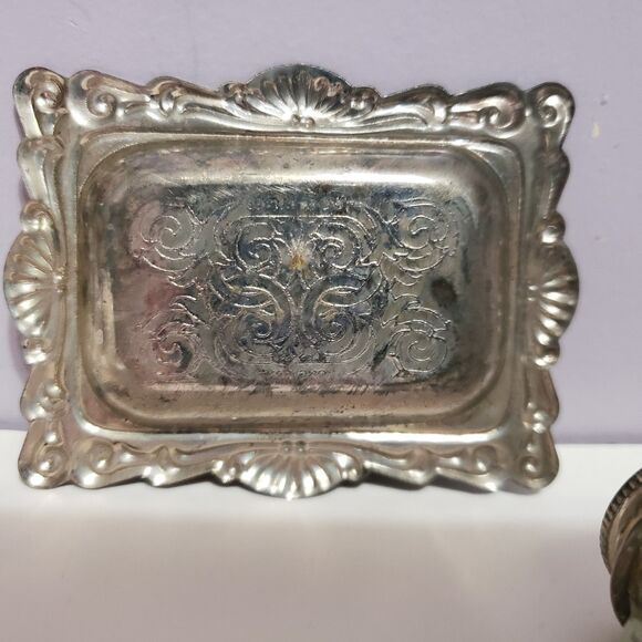 Vintage Mini Glass Silver Plated Salt Pepper Shakers w Tray - Picture 9 of 12